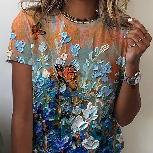 Summer Women's 3D Digital Printing Pullover Round Neck T-shirt