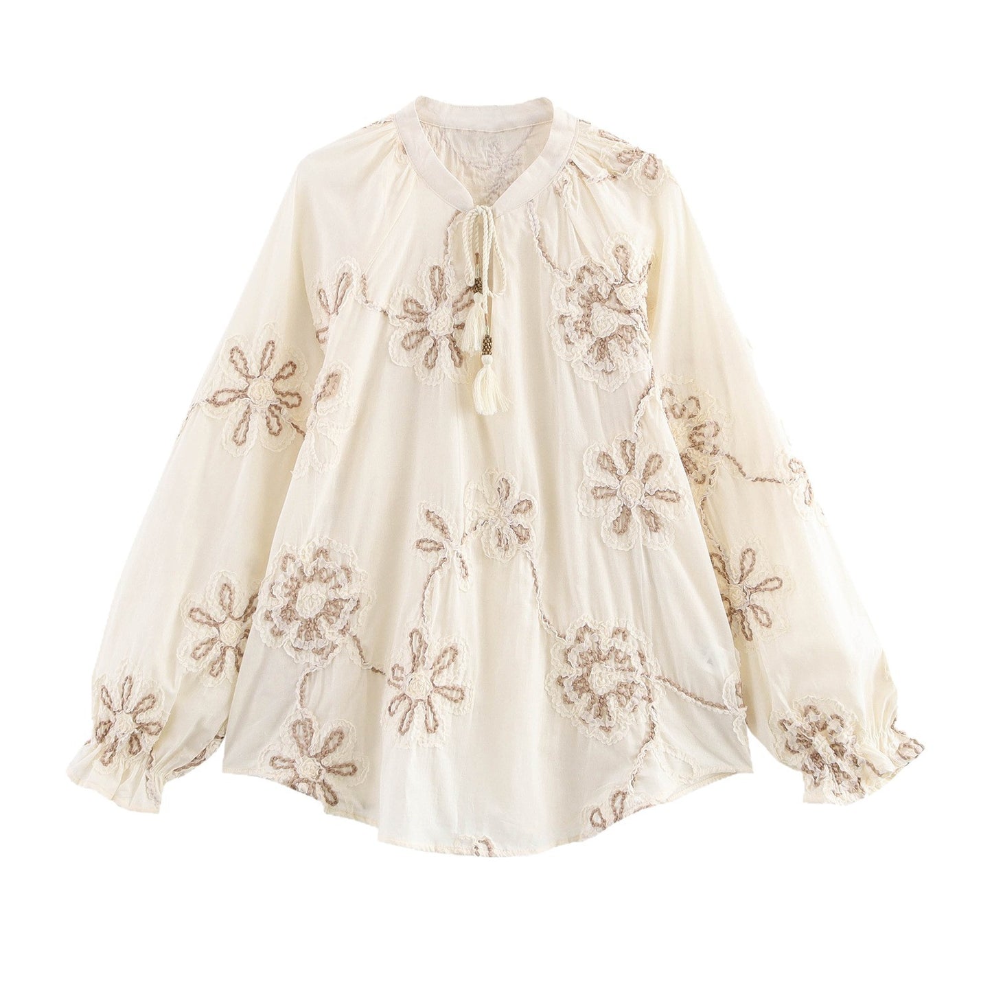 Women's Floral-embroidered V-neck Long-sleeve Top