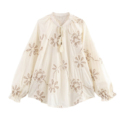 Women's Floral-embroidered V-neck Long-sleeve Top