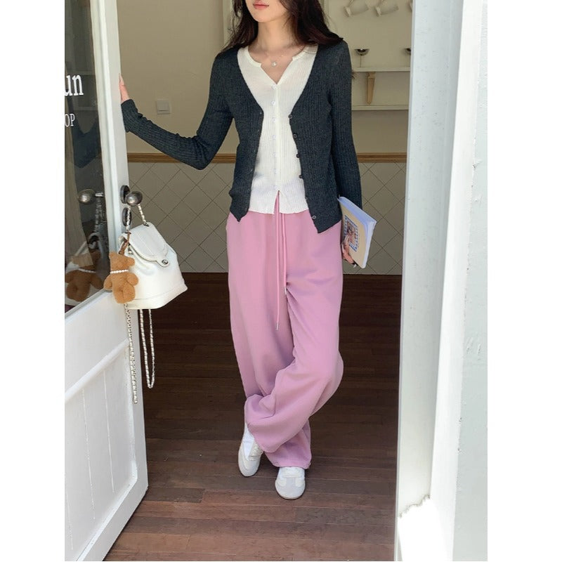 Womens Casual Contrasting Color Fake Two-Piece V-Neck Top