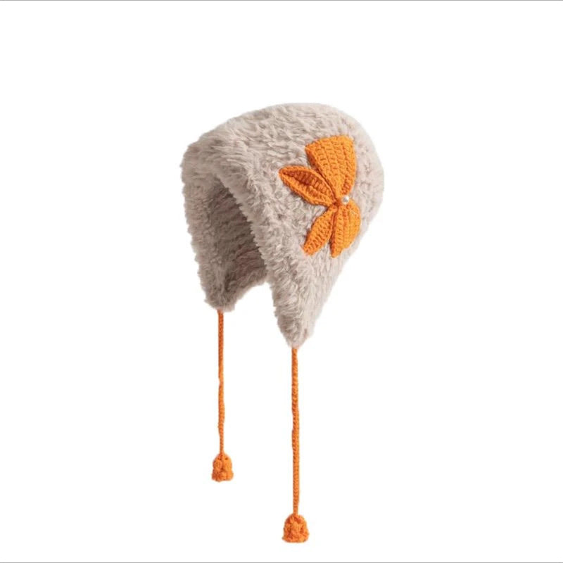 Womens Hand-Crocheted Pom-Pom Hat With Bowknot Warm