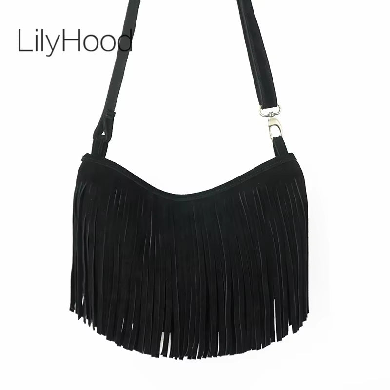 Women's Genuine Leather Suede Fringed Shoulder Bag - Fashionable Boho Chic Pouch for Street Style and Casual Outings