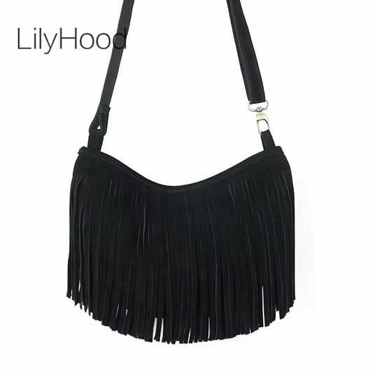 Women's Genuine Leather Suede Fringed Shoulder Bag - Fashionable Boho Chic Pouch for Street Style and Casual Outings