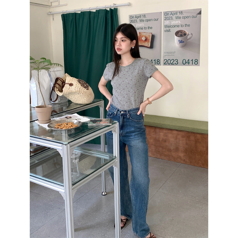 Floral Lace-collared Blouse Loose Round Neck Slim-fit Short Sleeve