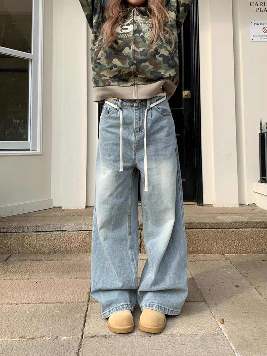 Vintage Jeans Straight White Washed Distressed Casual Pants