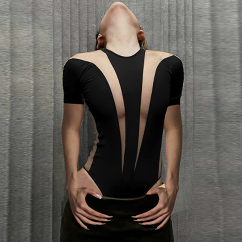 Mesh Stitching Body Shaping Round Neck Short Sleeve Rompers