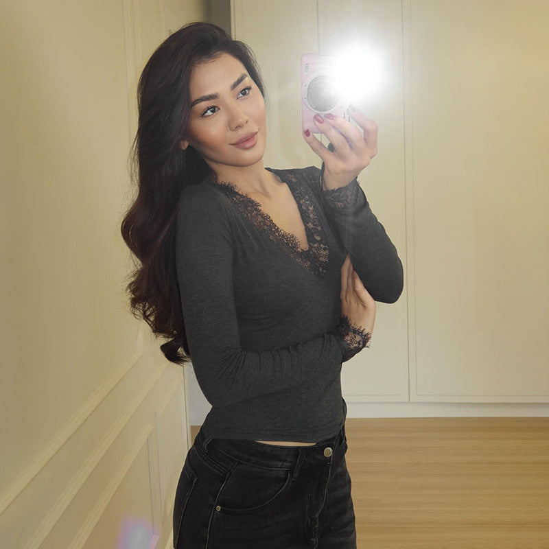 Womens New FallWinter Sexy V-Neck Lace Long-Sleeve Top