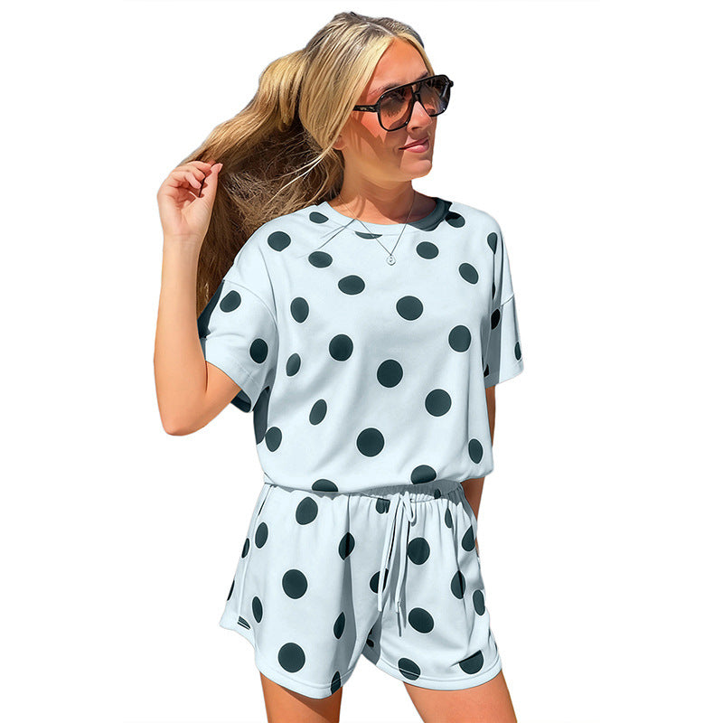 Loose-fitting Short-Sleeve Two-Piece Set For Women Polka-Dot Printed Casual