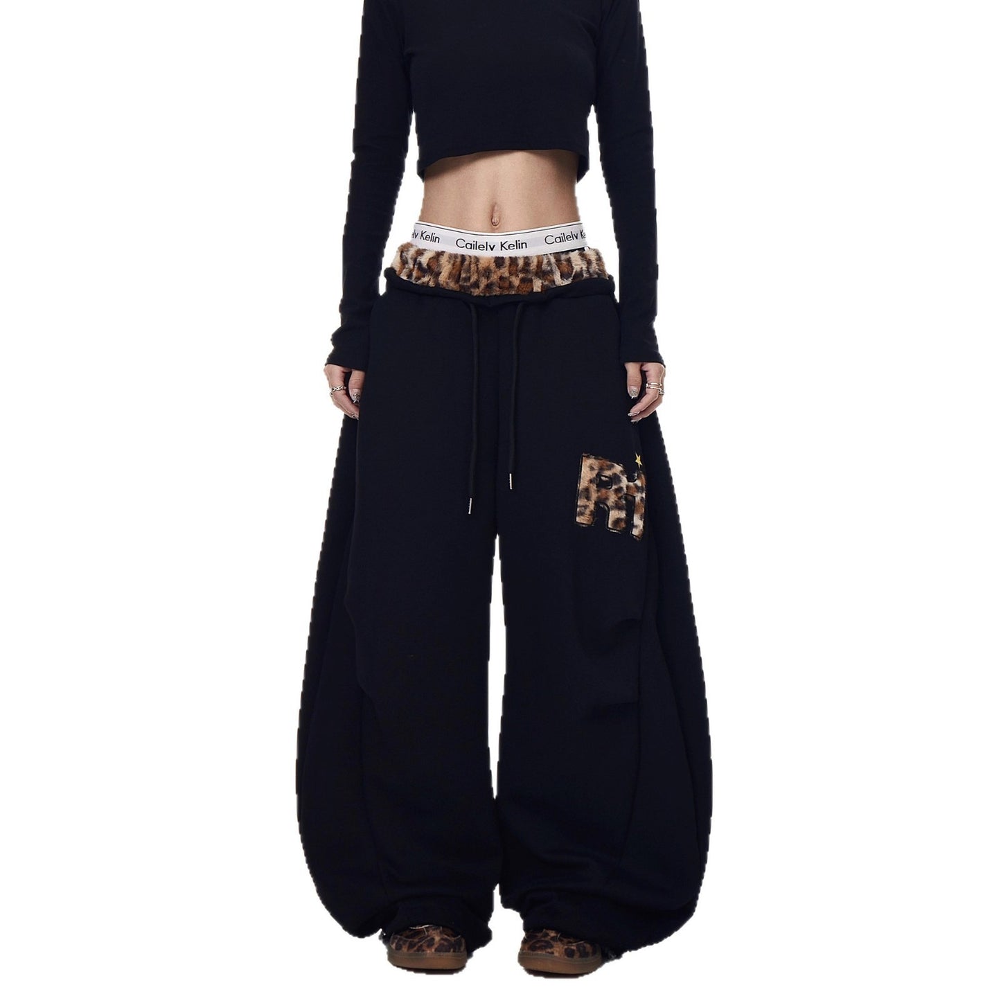 Womens Retro Embroidered Wide-Leg Sweatpants
