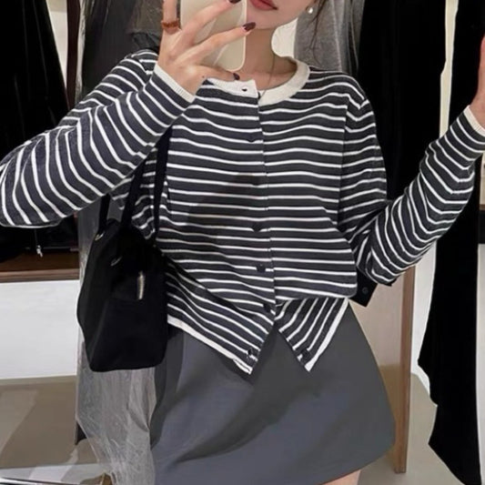 Fransk Stil Klassisk Stil Stribet Sweater Cardigan Jakke til Kvinder