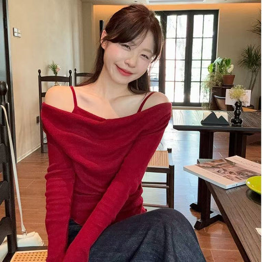 Mode Falsk Todelt Off-shoulder Langærmet Dame