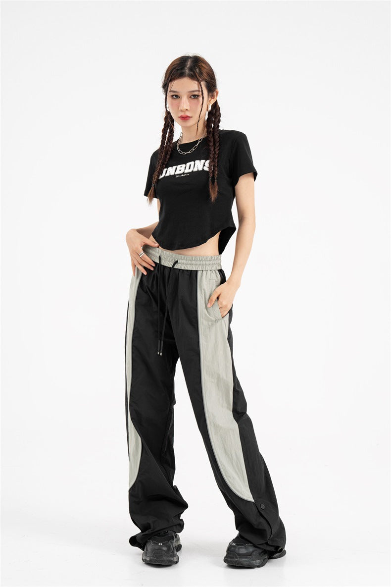 Contrast Color Track Sweatpants Snap Fastener Split Stitching Casual Trousers