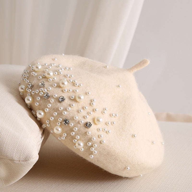 Ladies Small Fragrance Pearl Rhinestone Wool Beret