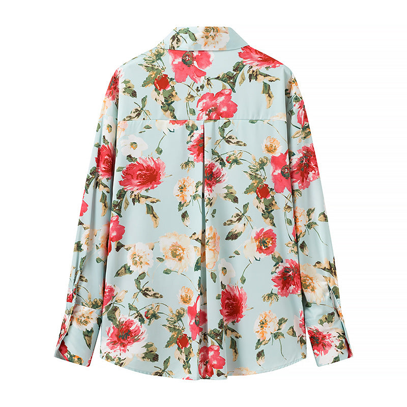 Women's Casual Vacation Style Loose Floral Print Silk Texture Shirt