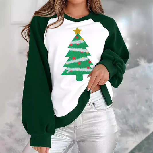 Løs og fashionable rundhalset raglan-sweater til kvinder med europæisk og amerikansk juletryk