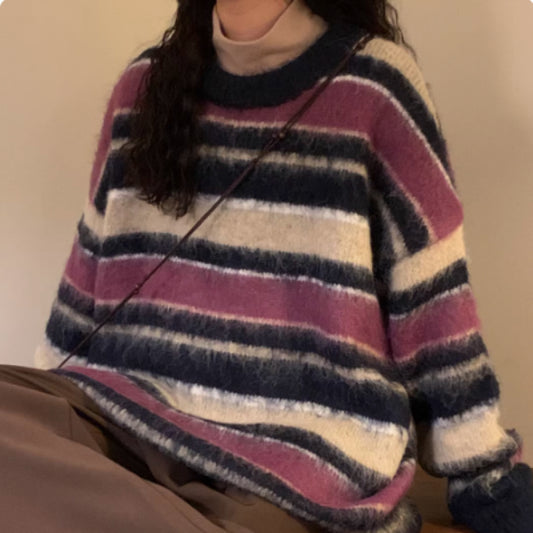 Retro Loose Contrast Color Striped Idle Style Round Neck Sweater
