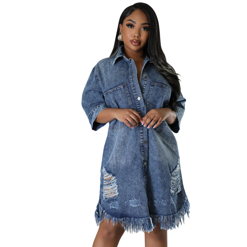 Denim Ripped Fringe Short-Sleeve Lapel Dress