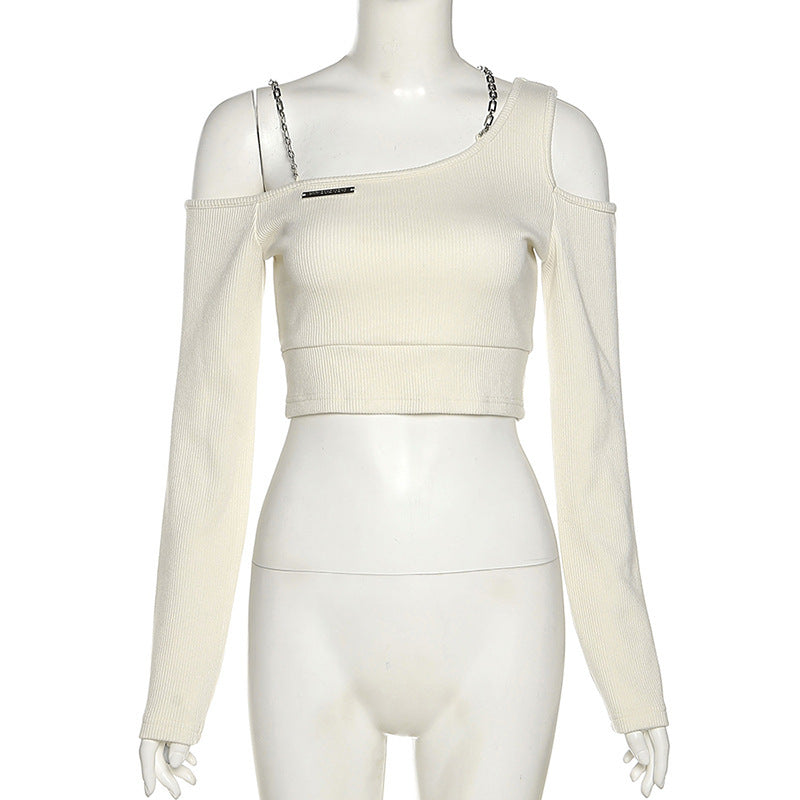 Women's Solid Color Slim-fit Navel Irregular Off-shoulder Long Sleeve T-shirt