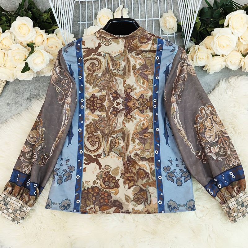 Womens Printed Long-Sleeve V-Neck Casual Loose Top