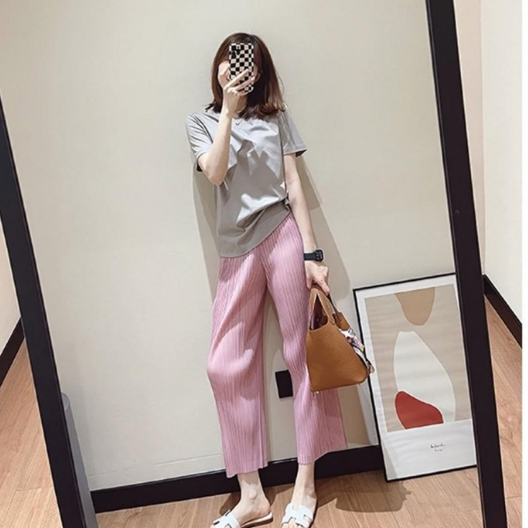Women's Solid Color Casual Pleated Slim-fit Wide-leg Pants