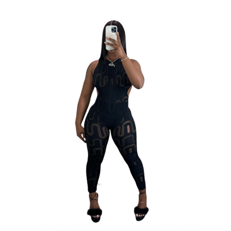 Summer New Women's Sleeveless Hollow Slim High Top Sports One-piece Trousers