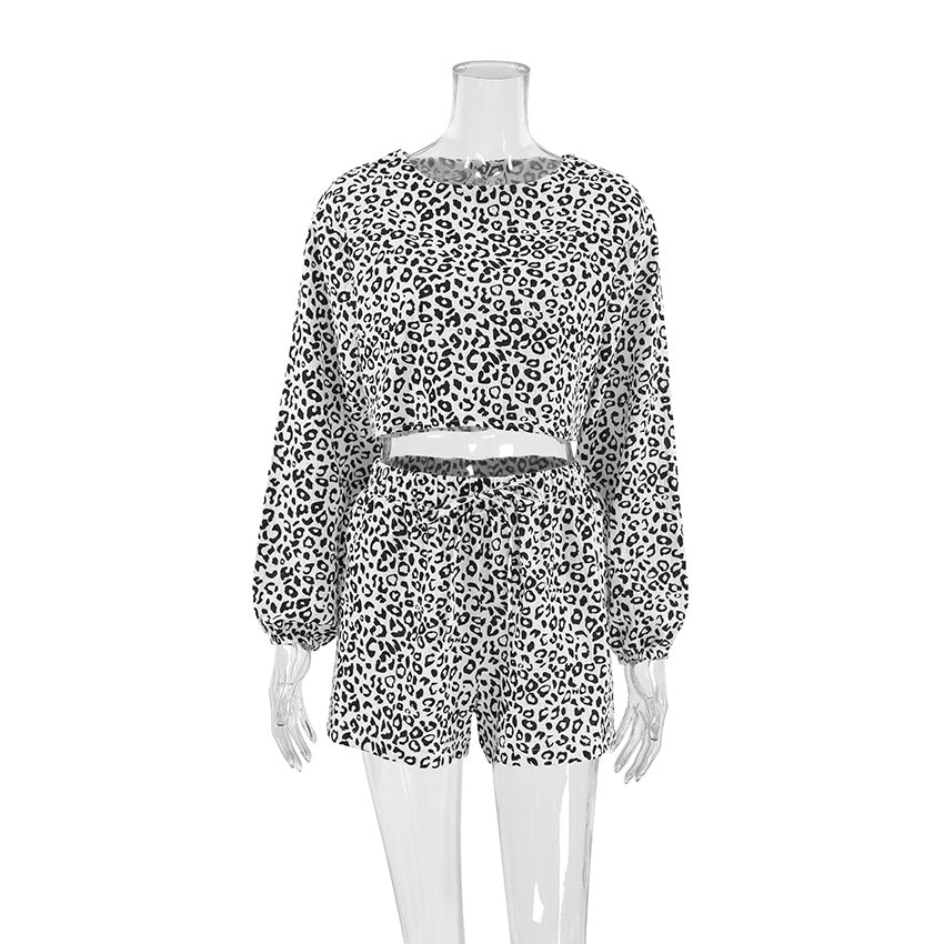 New Arrival 100 Cotton Leopard-Print Long-Sleeve Top And Shorts Two-Piece Set