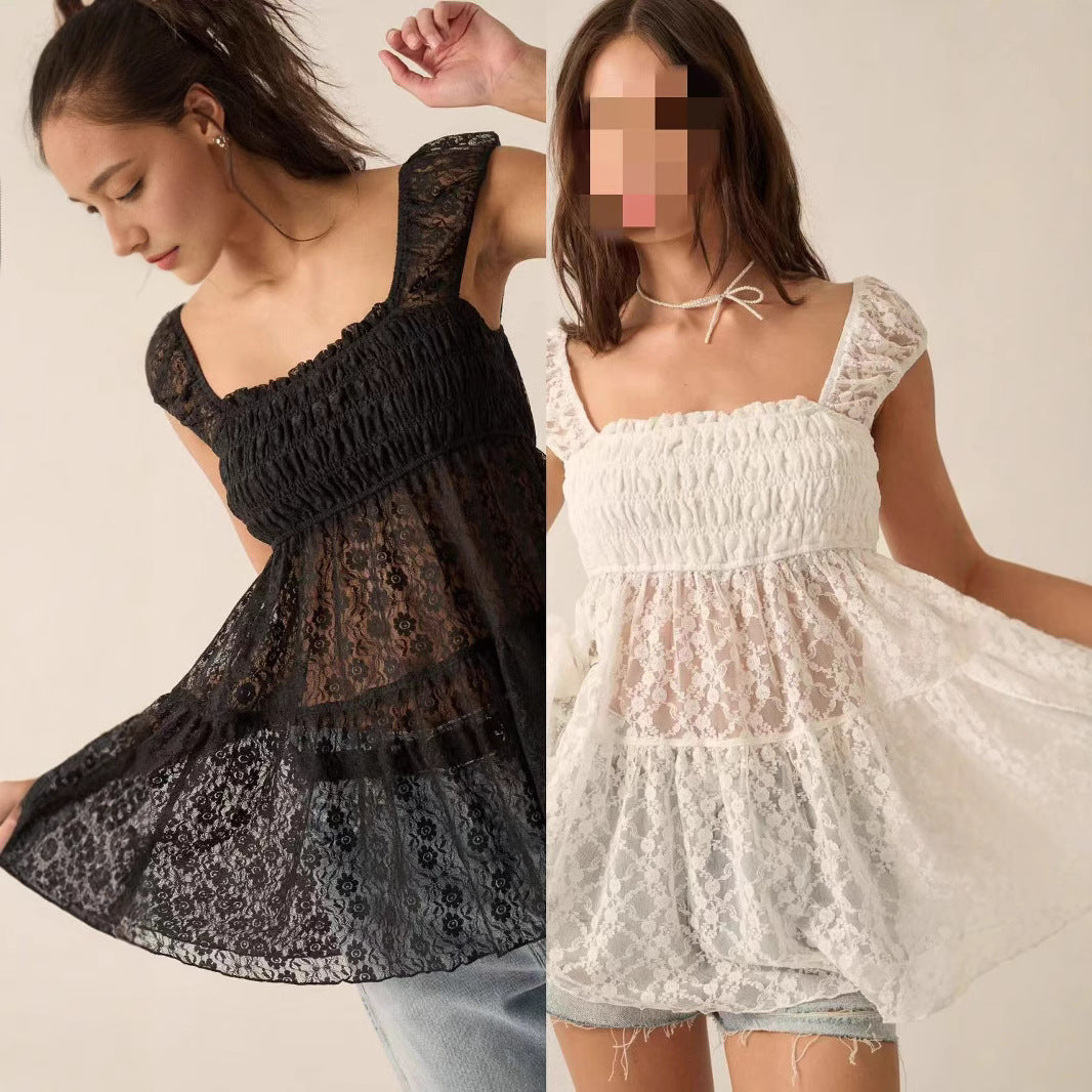 Womens Sexy Sleeveless Sheer Dress With A Spliced Square Neck