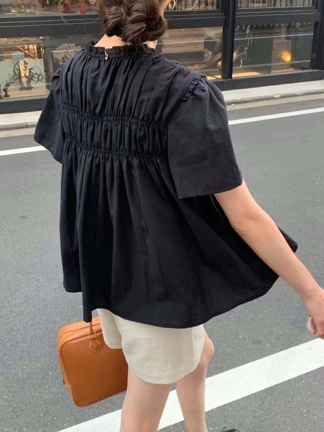 Cute Youth-looking Round Neck Pleated Doll Shirt Short Sleeve Shirt