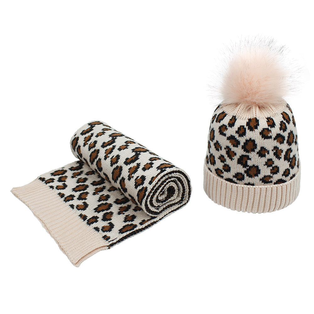 Women's Autumn And Winter Leopard Print Hair Ball Hat Scarf Set