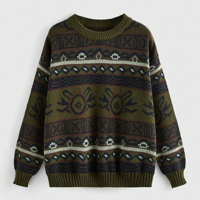 New Jacquard Color-block Round Neck Pullover Sweater Women