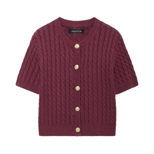 European And American Round Neck Short Sleeve Cardigan Sweater For Women