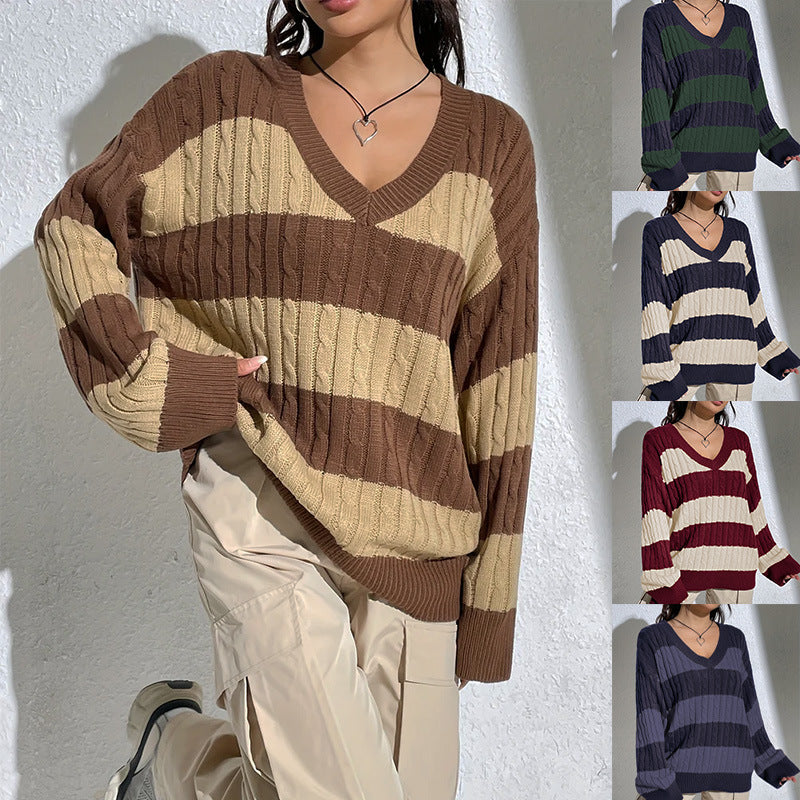 Contrast Color V-neck Loose-fitting Long Sleeve Sweater Women