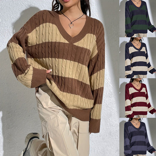 Contrast Color V-neck Loose-fitting Long Sleeve Sweater Women