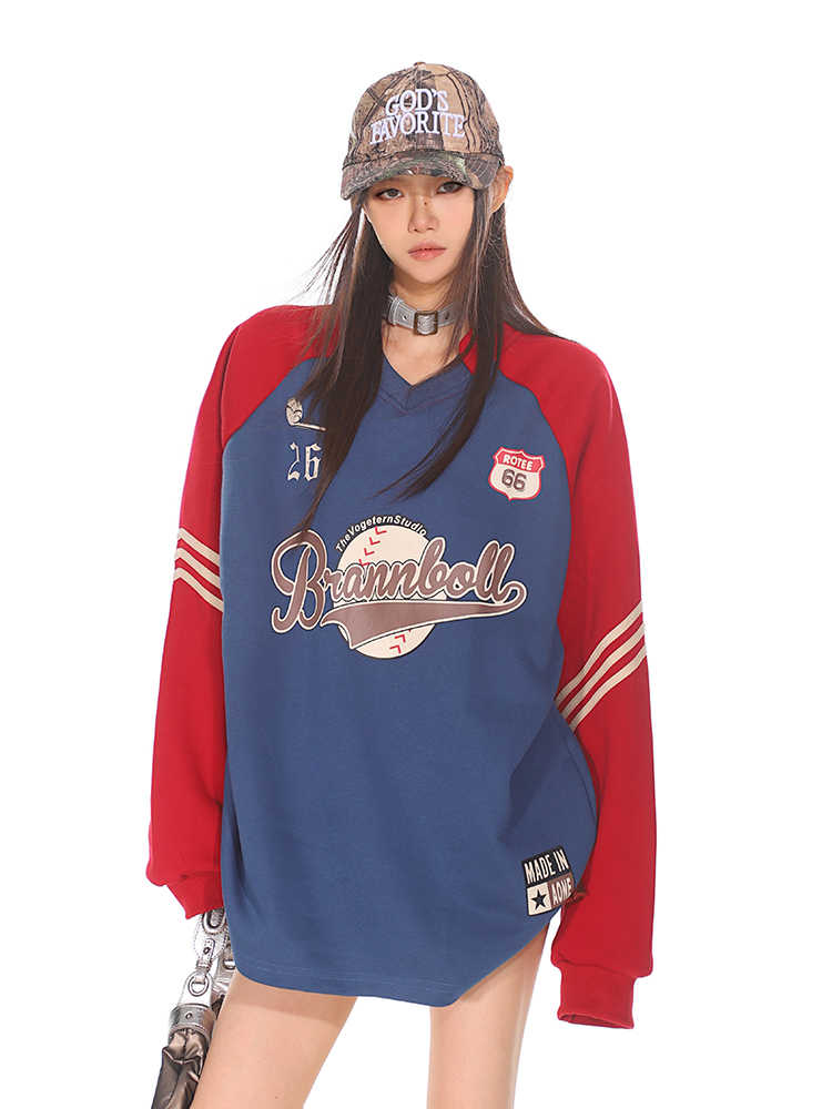 American Sports Style Baseball Vintage Print College V-neck Sweatshirt Female