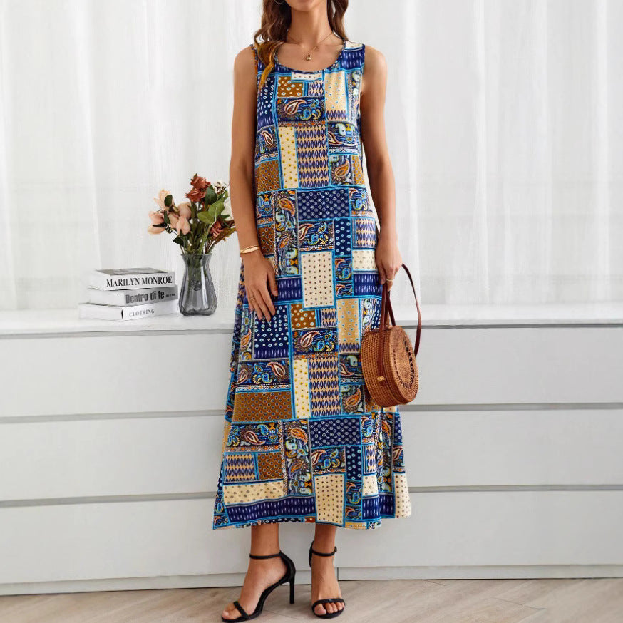 National Style Patchwork Print Dress With A Casual V-neck Design