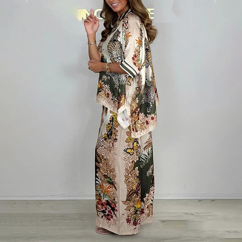 Fashionable Casual Printed Button-up Shirt And Straight-leg Pants Set