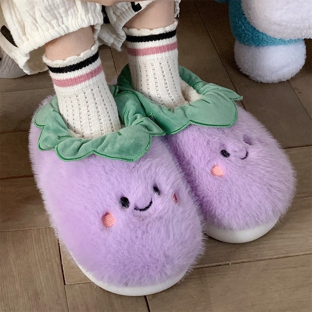 Cute Wind Contrast Color Eggplant Shit Feeling No-skid Floor Cotton Slippers Indoor Warm Soft Sole Shoes