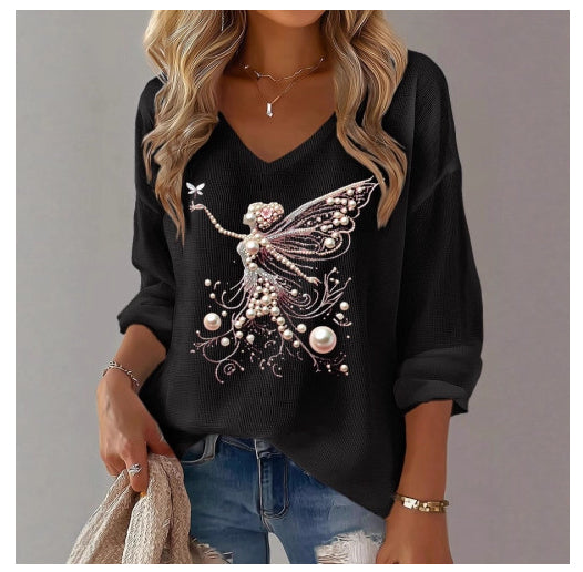 Womens Printed Loose V-Neck Top