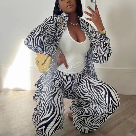 Pleated Zebra Print Long Sleeve Shirt With Wide-leg Pants
