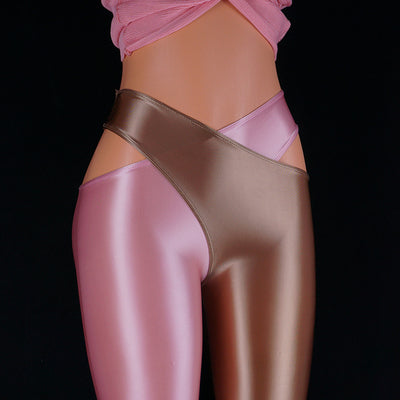 Glossy Leggings Patchwork Color Cross Open Crotch Pants