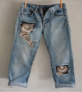New 3D Heat-transfer Printed Flared Jeans-style Trousers In Faux Denim