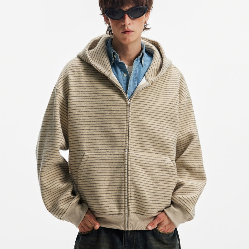Hooded Heavyweight Lazy Style Striped Cardigan Coat