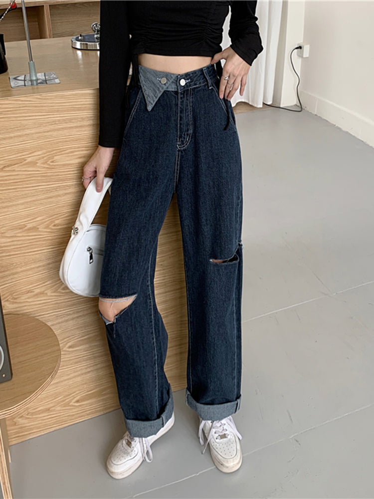 Ladies Ripped High Waist Straight Loose Wide Leg Pants