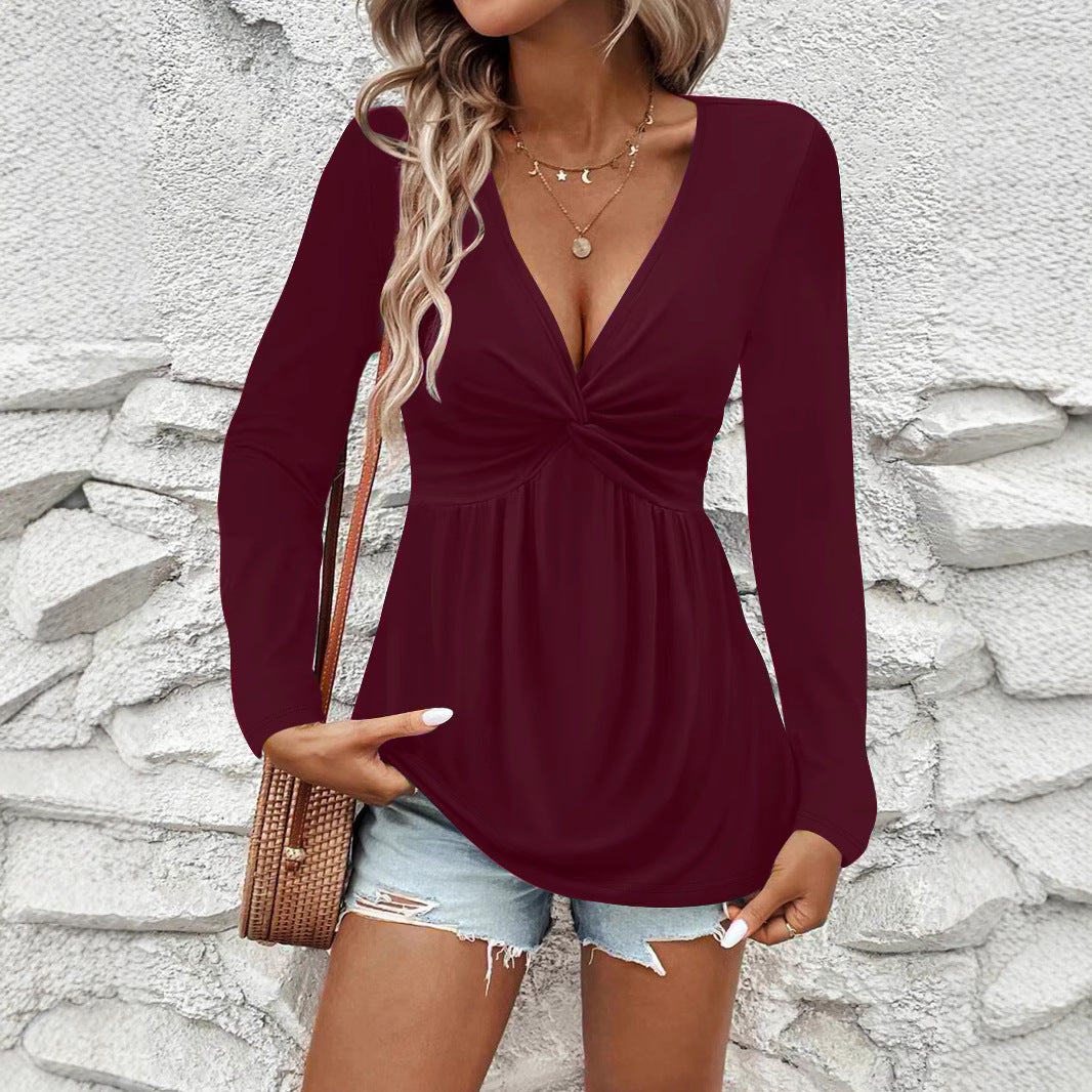 New Womens Twist-knit Solid-color V-neck Long-sleeve Top