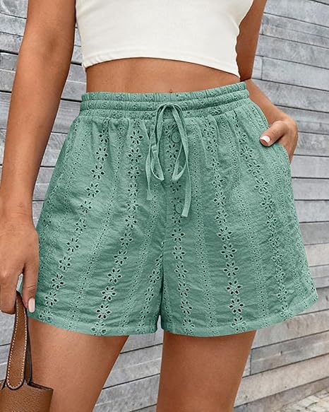 Solid Color Elastic Waist Drawstring Beach Shorts For Women