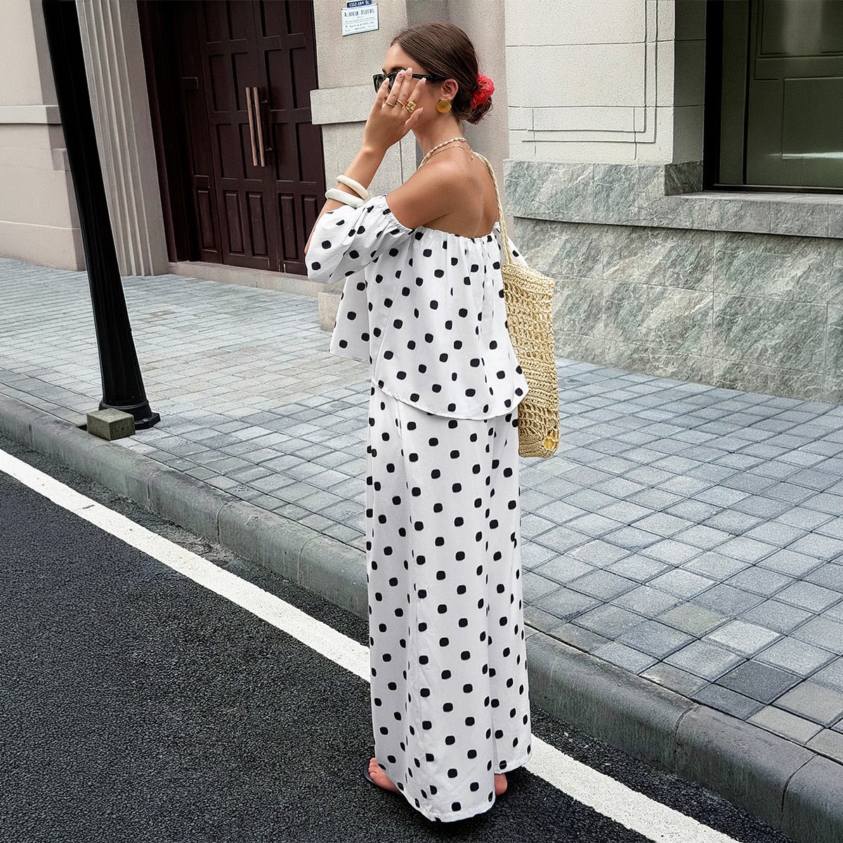 Elegant Casual Commute Fashion Polka-Dot Off-Shoulder Set