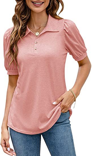 Polo T-shirt med knaplukning i halsen, pufærmer, løstsiddende T-shirt-skjorte