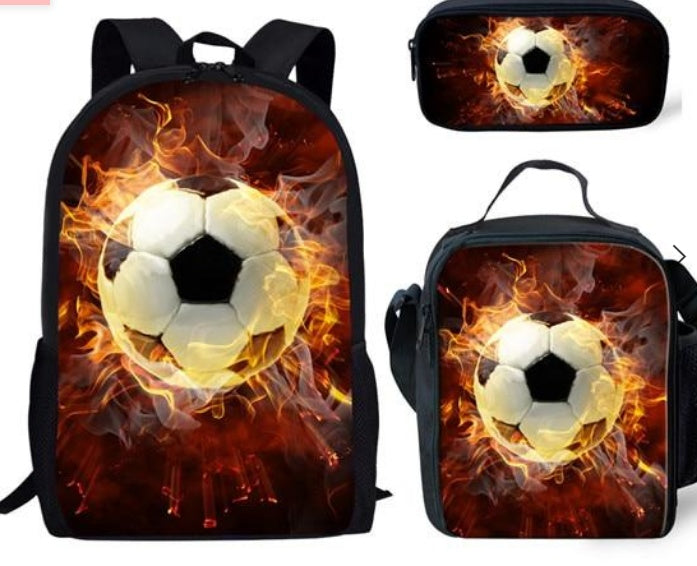 Football Print Children's Three-piece Backpack Satchel Big Pen Bag Student Backpack