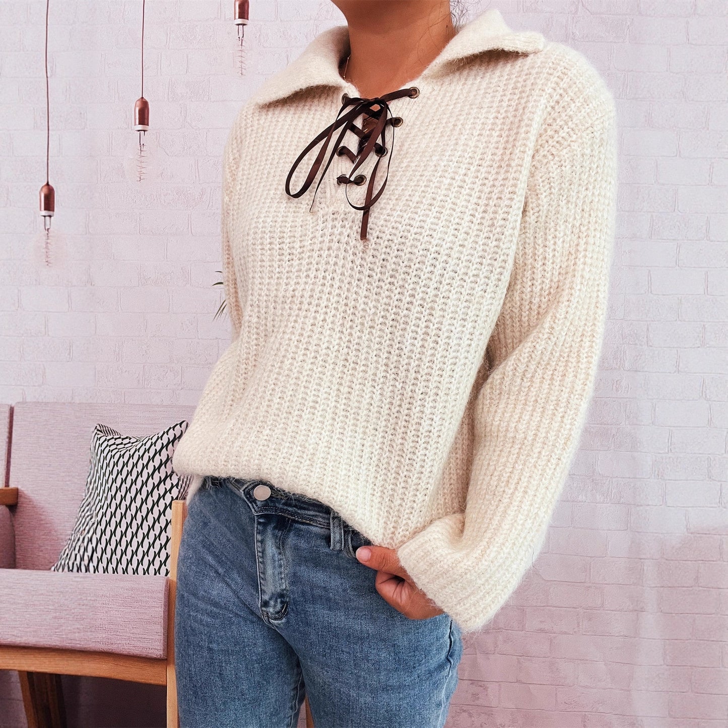 Simple Commute Lapel Tied Knitted Pullover Solid Color Loose Sweater