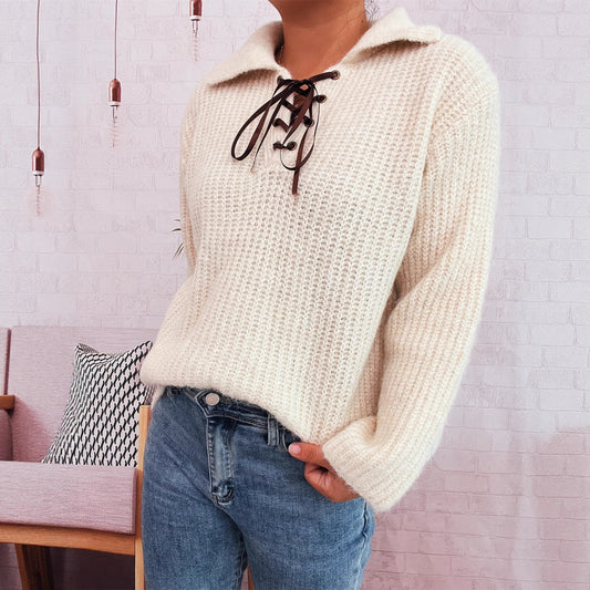 Simple Commute Lapel Tied Knitted Pullover Solid Color Loose Sweater